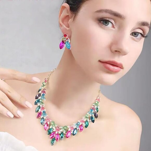 Crystal Floral Statement Necklace Earring Rhinestone Bib Collar Chunky Necklace - Picture 2 of 7